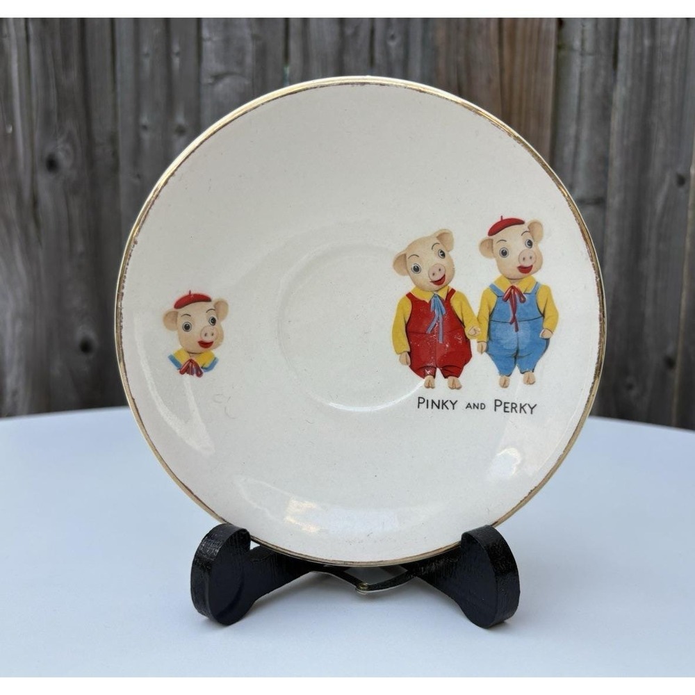 Vintage British childs tea set saucer Pinky and Perky cartoon pigs 1950s England